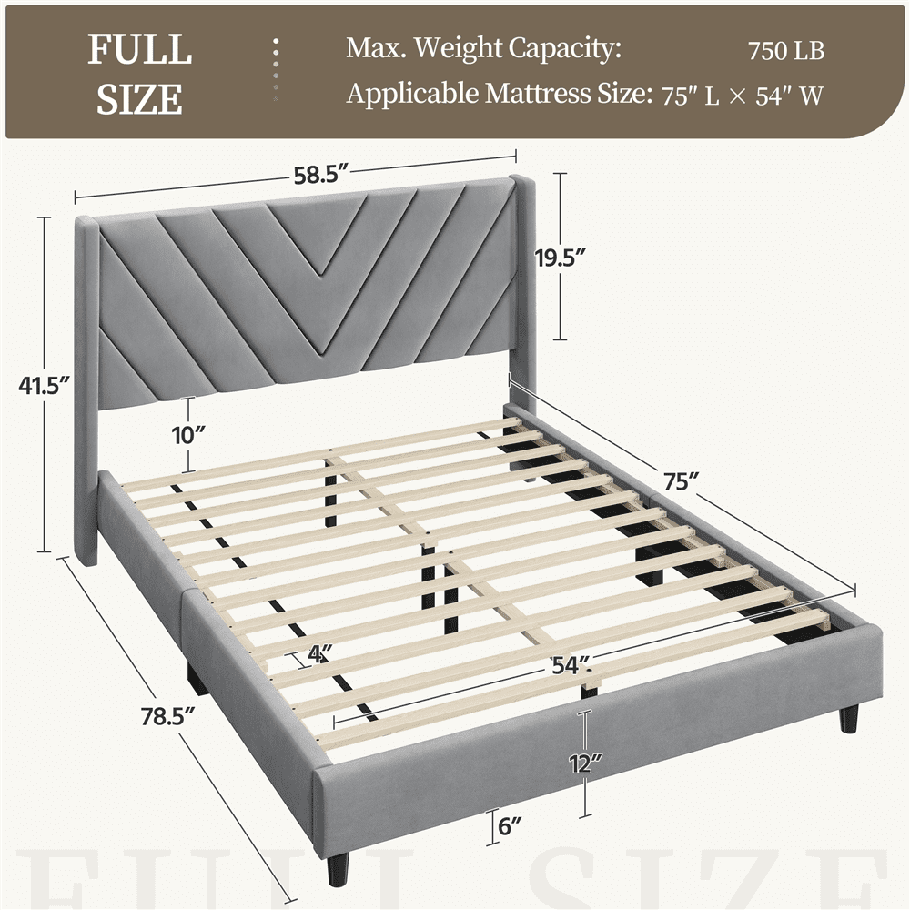 Fullfurnique Upholstered Platform Bed Frame with Wooden Slat Support, Full, Light Gray