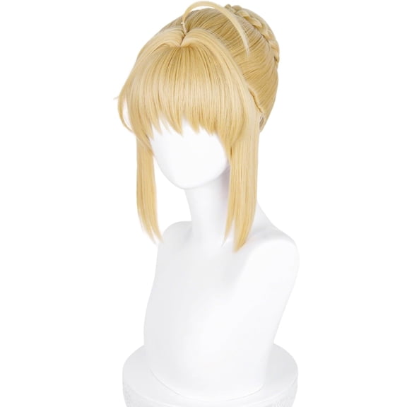 Short Blonde Anime Cosplay Wig with Bangs and Braid Bun for Women Halloween Party Costume