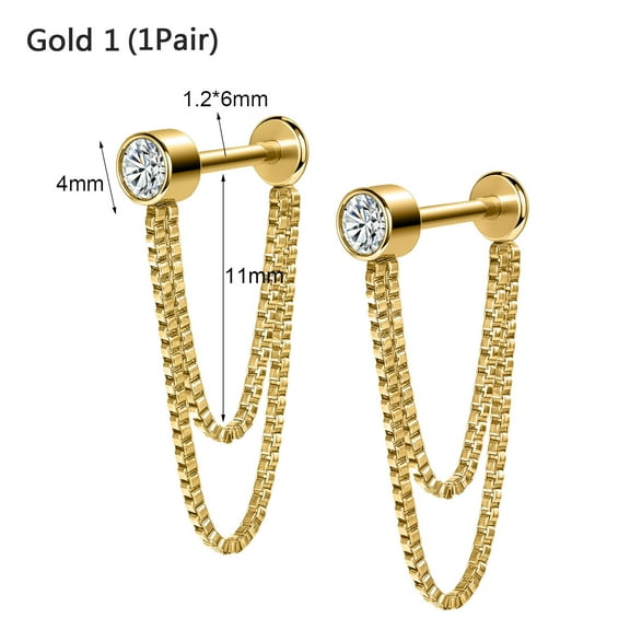 QQTDFG 16G Stainless Steel Stud Earrings with Chain Crystal Cartilage Earrings Jewelry-Gold 1 (1 Pair)