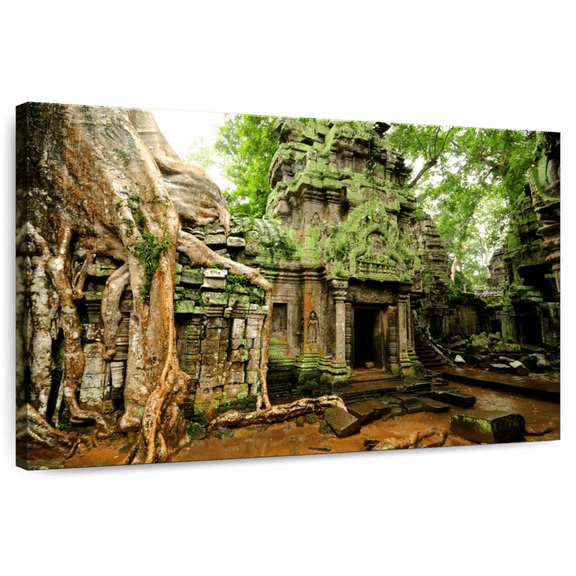 Elephant Stock Ta Prohm Temple Wall Art - Horizontal Canvas Wall Art - Living Room Wall Decor - Religion And Spirituality Canvas - Gray And Brown Decor - 12" x 8"