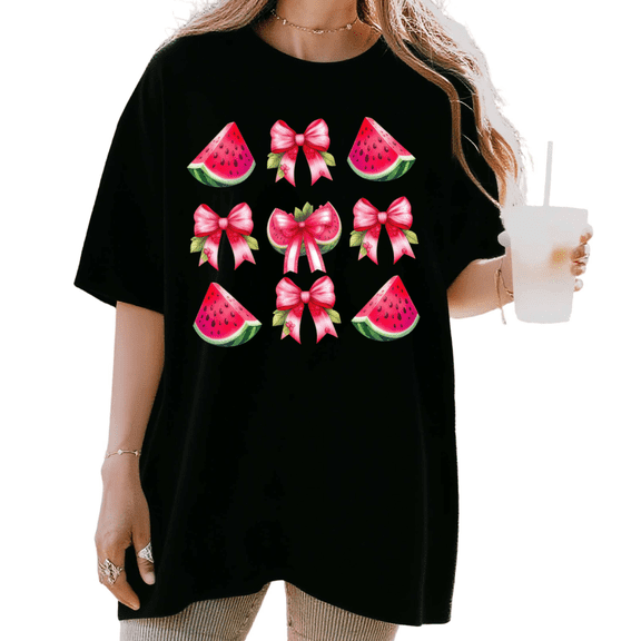 Women's funny Watermelon & Pink Bow Collage Graphic Summer Coquette Casual T Shirt Short Sleeve Round Neck Top Black S-5XL