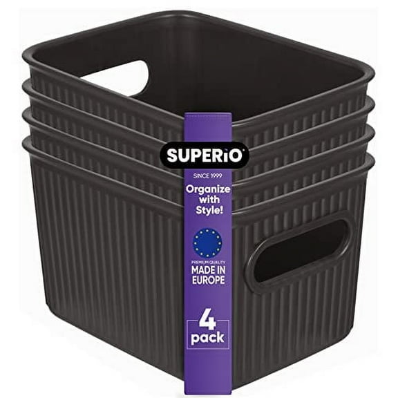 Superio Small Ribbed Plastic Storage Basket Organizer (4 Pack), 1.5 Mini Brown Closet Storage bin for Shelf, Pantry, Office, and Cosmetics