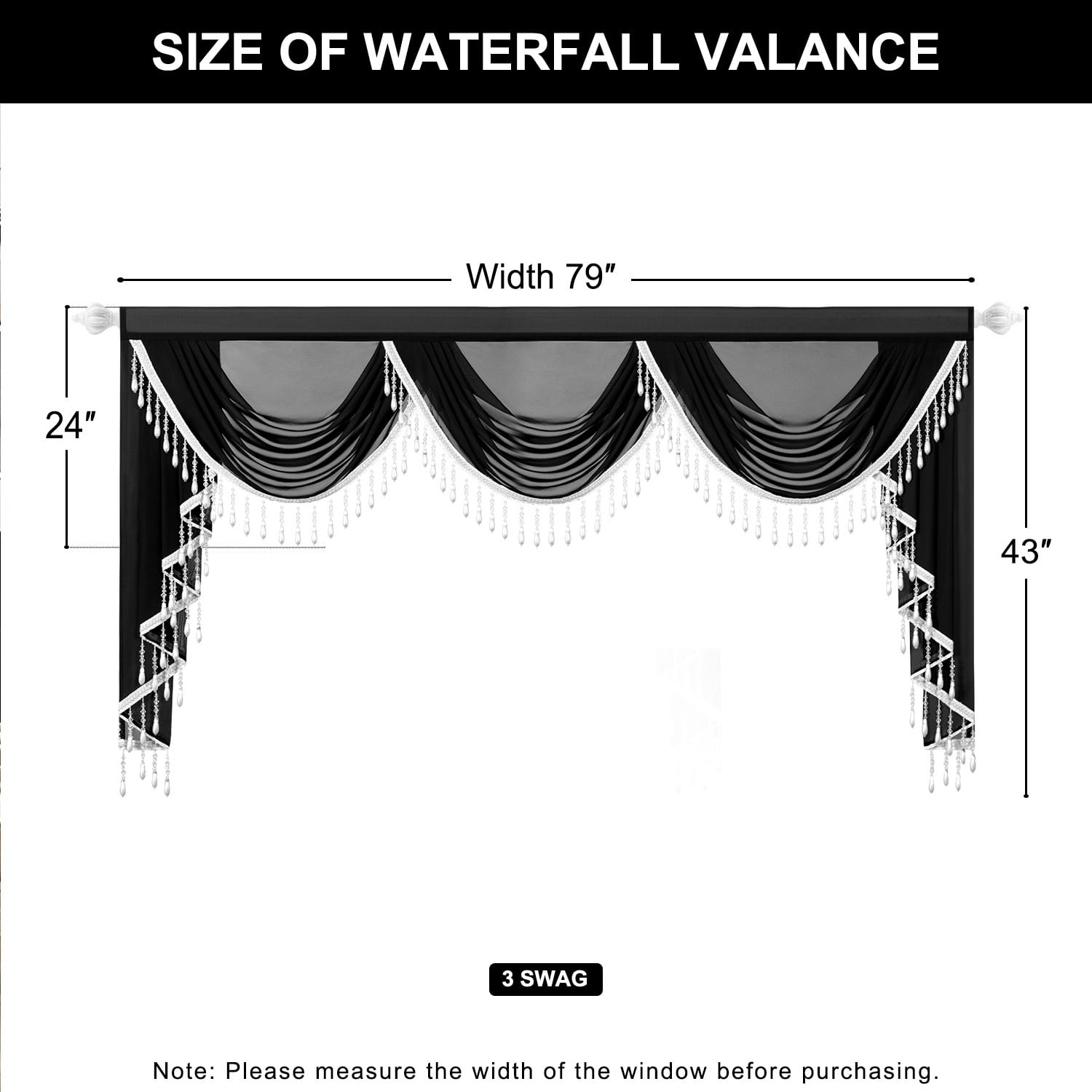 VOGOL Extra Wide Sheer Curtains Valance, 79 inches Wide European Style Breathable Silky Waterfall Valances for Bedroom Bathroom Nursery, Rod Pocket Swag Valance with Tassels, 1 Panel, Black