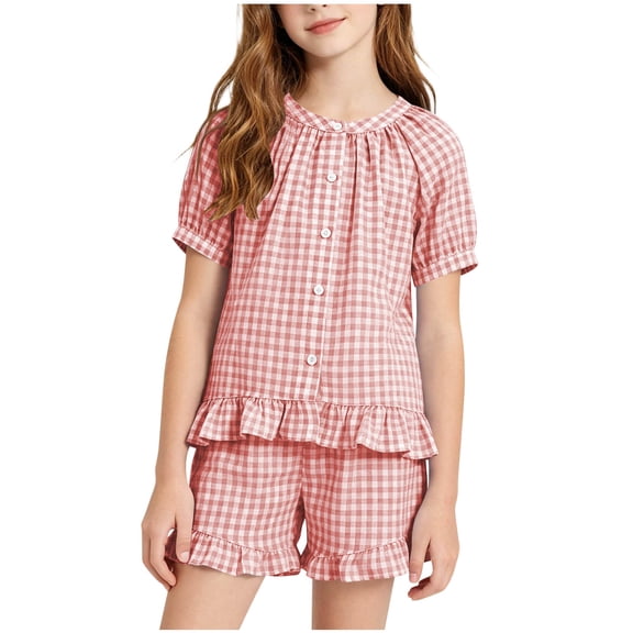 Edvintorg Sets for Girls Plaid Ruffle Short Sleeve Crewneck Casual Button Up Shirts and Shorts Kids Clothing Size 5-16