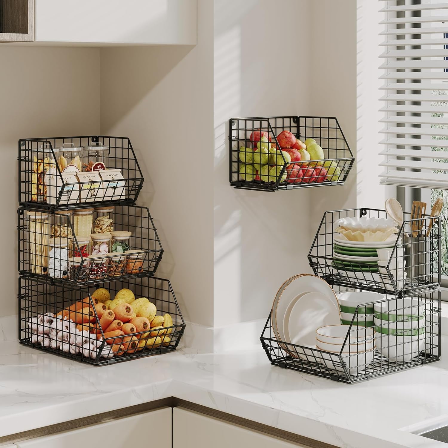 XCOSRACK 2-Tier Stackable Fruit Basket for Kitchen Counter, Metal Wire Produce & Snack Storage Bin, Freestanding Potato and Onion Pantry Organizer, Black