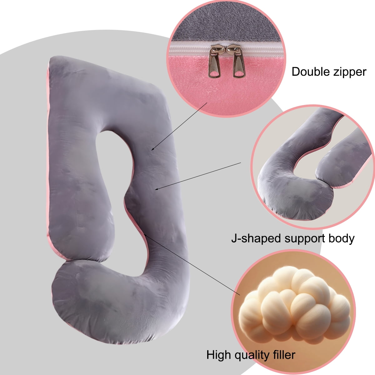 J-Shaped Pregnancy Pillow, Ergonomic Full-Body Maternity Pillow, Breathable Antibacterial, Pink and Gray