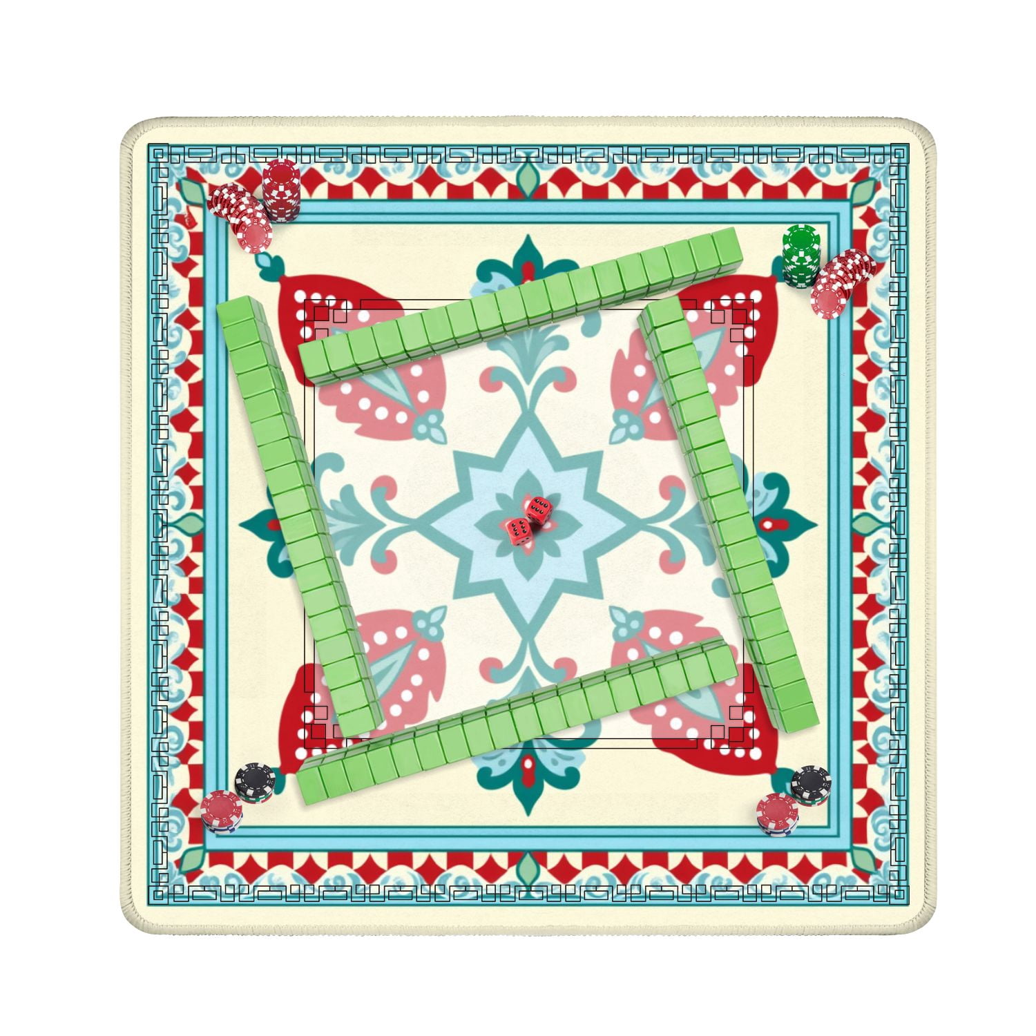 Mahjong Mat 31.5" x 31.5" Turkish Inspired Floral Geometric Red Blue Accents Non-Slip Noise Reduction American Mahjong Tiles Table Cover for Dominoes Poker Card Board Games Gift