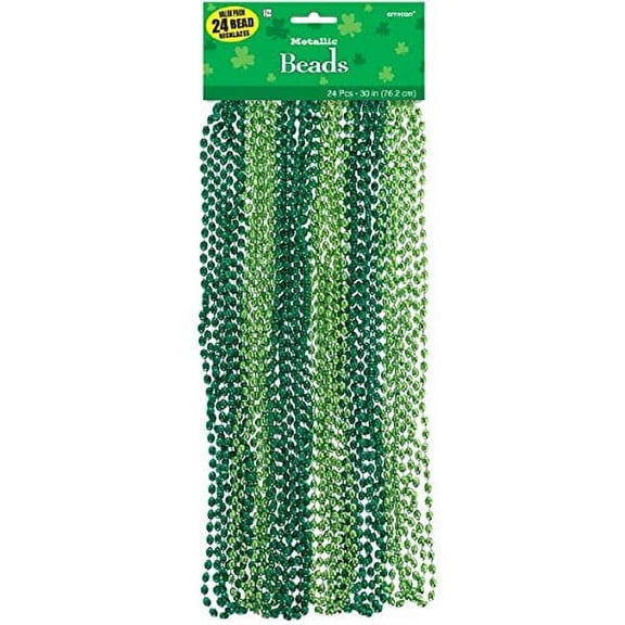Amscan 399924 St. Patrick's Day Metallic Bead Necklaces, Green, Pack Of 48 Necklaces
