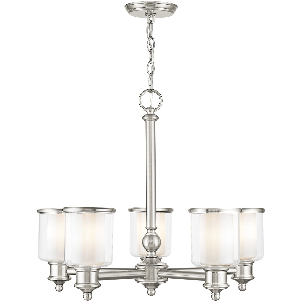5 Light Brushed Nickel Chandelier with Clear Glass & Satin Opal White Glass Shade