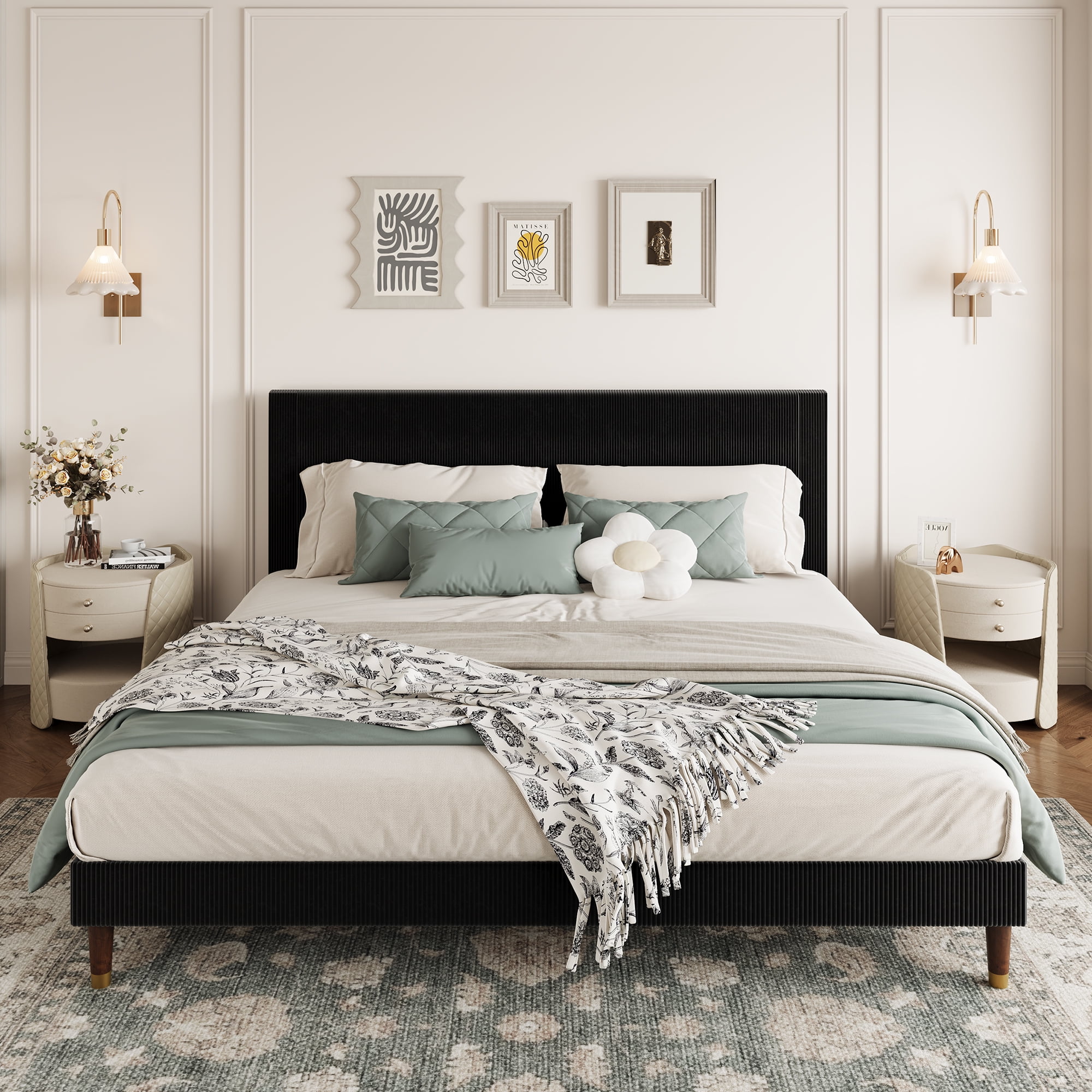 King Size Corduroy Bed Frame with Headboard, Heavy Duty Wood Slats, Noise-Free & Easy Assembly, No Box Spring Needed, Modern for Bedroom, Guest Room, Apartment