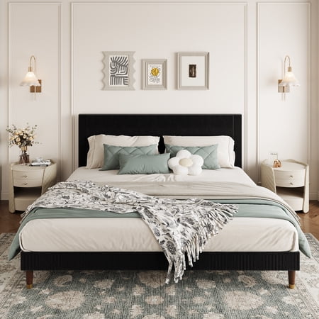 Modern King Size Platform Bed Frame, Black Upholstered Headboard with Strong Metal Slats, No Box Spring Needed, Easy Assembly