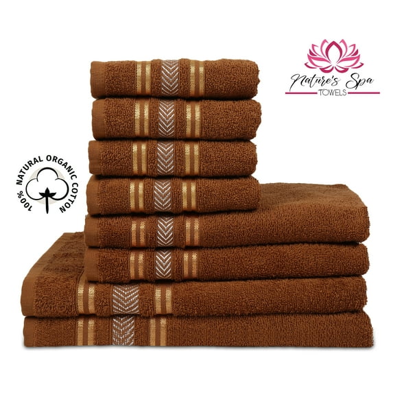 Nature's Spa Towels- 100% Organic Cotton Set of 8 Bath Towel Set, Designer, Elegant, Soft Absorbent Brown