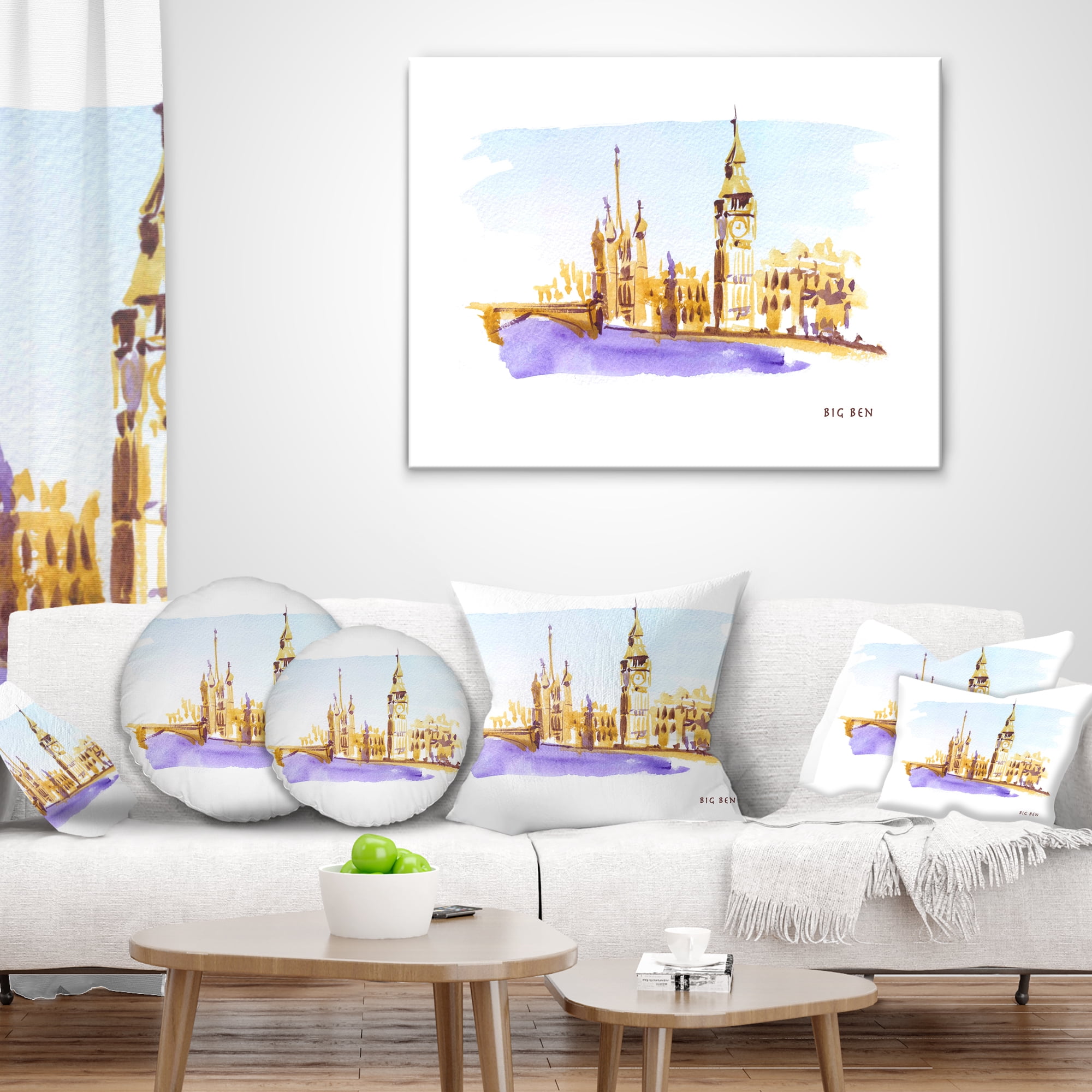Designart London Brown Illustration - Cityscape Painting Throw Pillow - 16x16