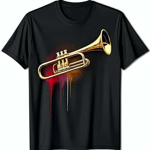 Black T-Shirt with Gold Trumpet Design in Style Vibrant Art