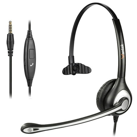 Wantek Cell Phone Headset Mono with Noise Canceling Mic, Wired Computer Headphone for iPhone Samsung Huawei HTC LG ZTE BlackBerry Smartphones and Laptop PC Mac Tablet with 3.5mm Jack