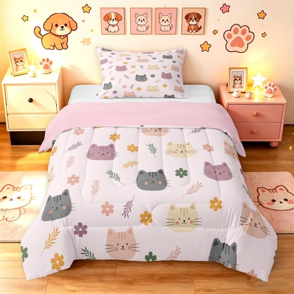 Manfei Kawaii Kitten Twin Comforter Sets, Boho Flower Floral Bedding Set, Pink, Pink Reversible, 2pcs, 1 Comforter and 1 Pillowcase