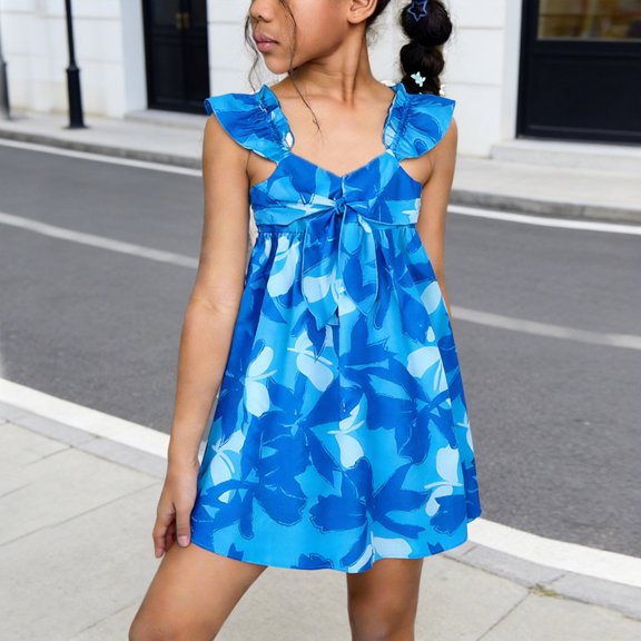 Sentuca Girls Dress Casual A-Line Ruffle Sleeveless Dresses with Back Elastic String for Holiday Daily Size 8-9Years
