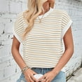 thumbnail image 4 of Elvqul Womens Tops Beige Holiday Sweater Stripe Print Cotton Juniors Round Neck Short Sleeve Pullover Tops, 4 of 7