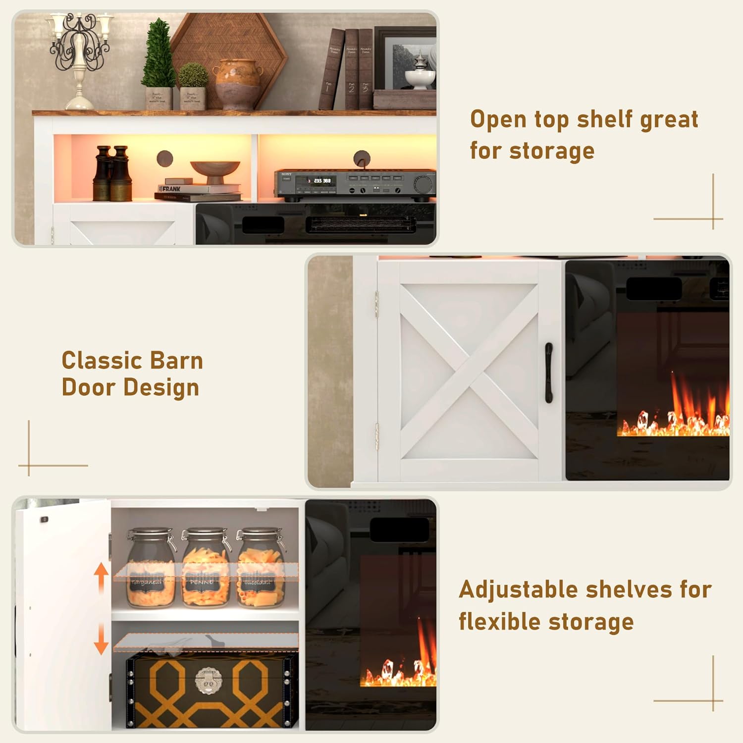 Chvans 80" Fireplace TV Stand with Barn Doors, Farmhouse photo 5