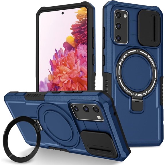 for Samsung Galaxy S20 FE 5G Case Magnetic with Stand Hidden Black Fits Wireless Charging, Samsung S20 FE Phone Case with Camera Lens Protector Cover Shockproof Anti-slip (Blue)