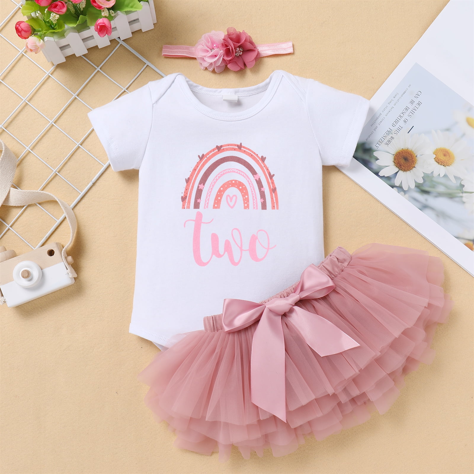 IBTOM CASTLE Toddler Baby Girls First Birthday Outfit Rainbow Boho Bohemian Romper+Tutu Skirt+Crown Cake Smash Clothes Set for Photo Shoot 2 Years Dusty Pink+Flower