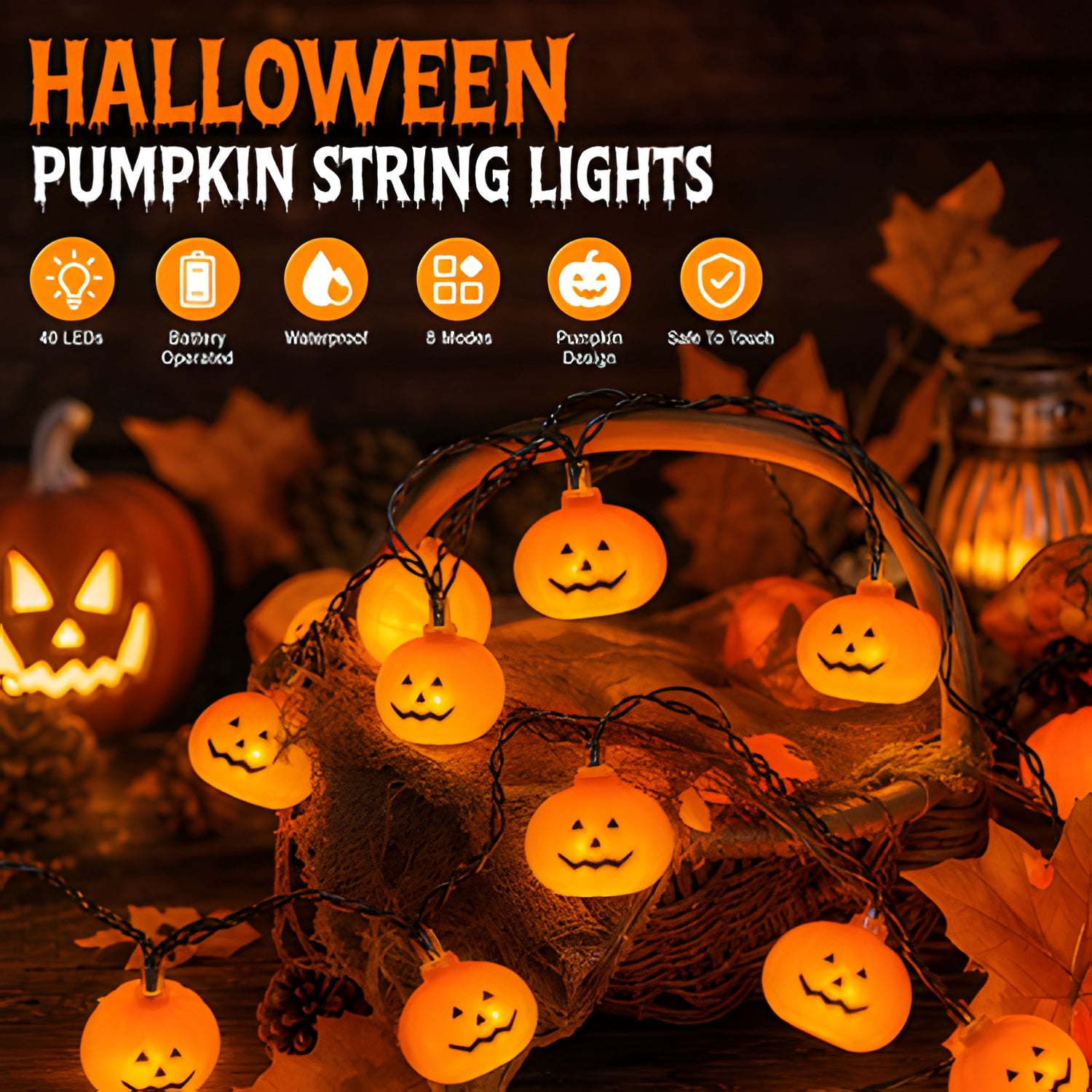 Halloween Lights,20FT 40 LEDs Holiday String Lights for Indoor Outdoor Decor,Battery Operated 8 Mode Waterproof Pumpkin String for Party Decorations