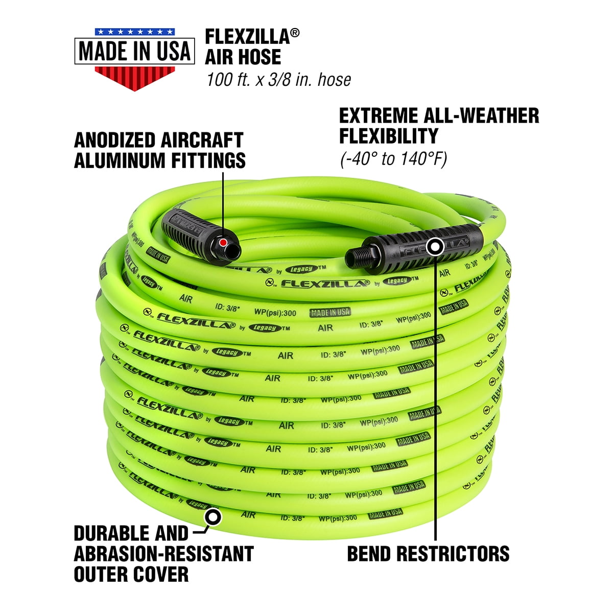 Flexzilla Air Hose, 3/8" x 100', 1/4" MNPT Fittings, ZillaGreen