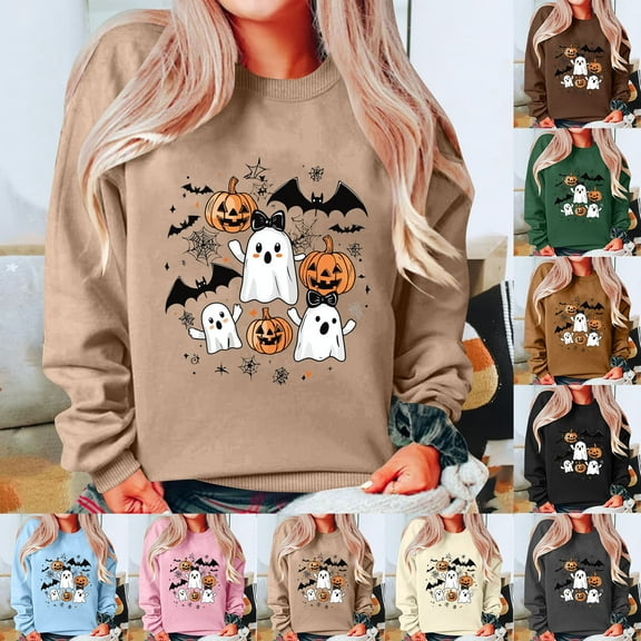 Nmnitkp Women's 2025 Halloween Oversized Sweatshirt Fall Crewneck Long Sleeve Shirts Casual Pullover Hoodless Sweatshirts Brown,L