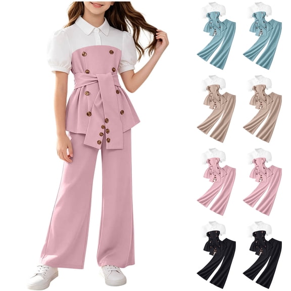 HBGVBA Girls 2 Piece Outfit Short Sleeve Colorblock Top with Wide Leg Pants Casual Set for 4-13 Years