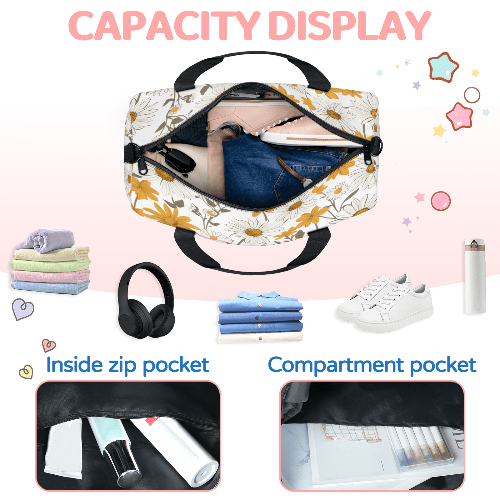 Herdesigns Wild Flowers Floral Gym Bag for Women, Duffle Bag for Travel Sport, Spring Summer Lightweight Waterproof Carry on Weekender Dance Yoga Workout Bags