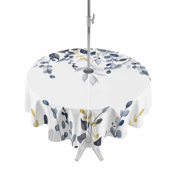Blue Grey Eucalyptus Outdoor Tablecloth - 54 Inch Round Dining Table Cover, Watercolor Spring Weeping Botanical Waterproof Outdoor Table Cloth with Umbrella Hole & Zipper for Picnic/Patio/Party