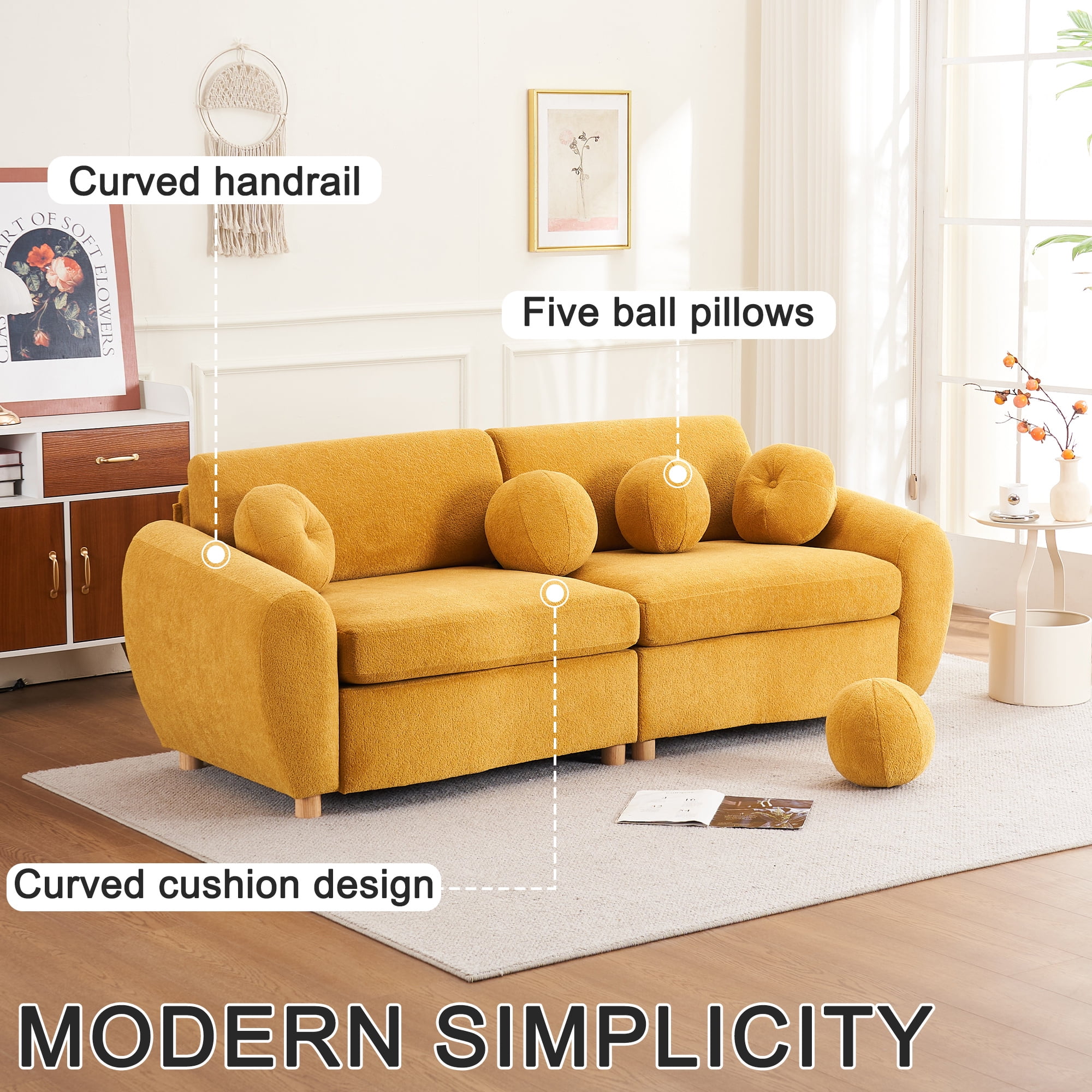 Aukfa 85" Modern Comfy Sofa, Upholstered Deep Seat Couch for Living Room, 5 Pillows, Chenille, Yellow