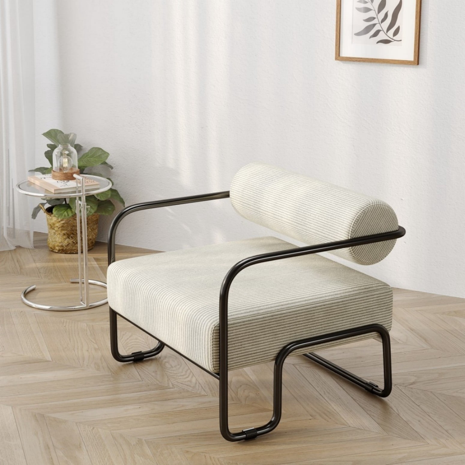 Living Room Iron Accent Chair, Corduroy Upholstered Lazy Leisure Chair with Curved Ergonomic Seat & Armrests, Sturdy Metal Frame Reading Chair for Balcony, Bedroom, Apartment, Beige