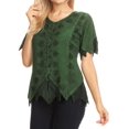 thumbnail image 4 of Sakkas Emma Womens Stonewashed V neck Short Sleeve Blouse Top Crochet Button Down - Green - Medium, 4 of 5