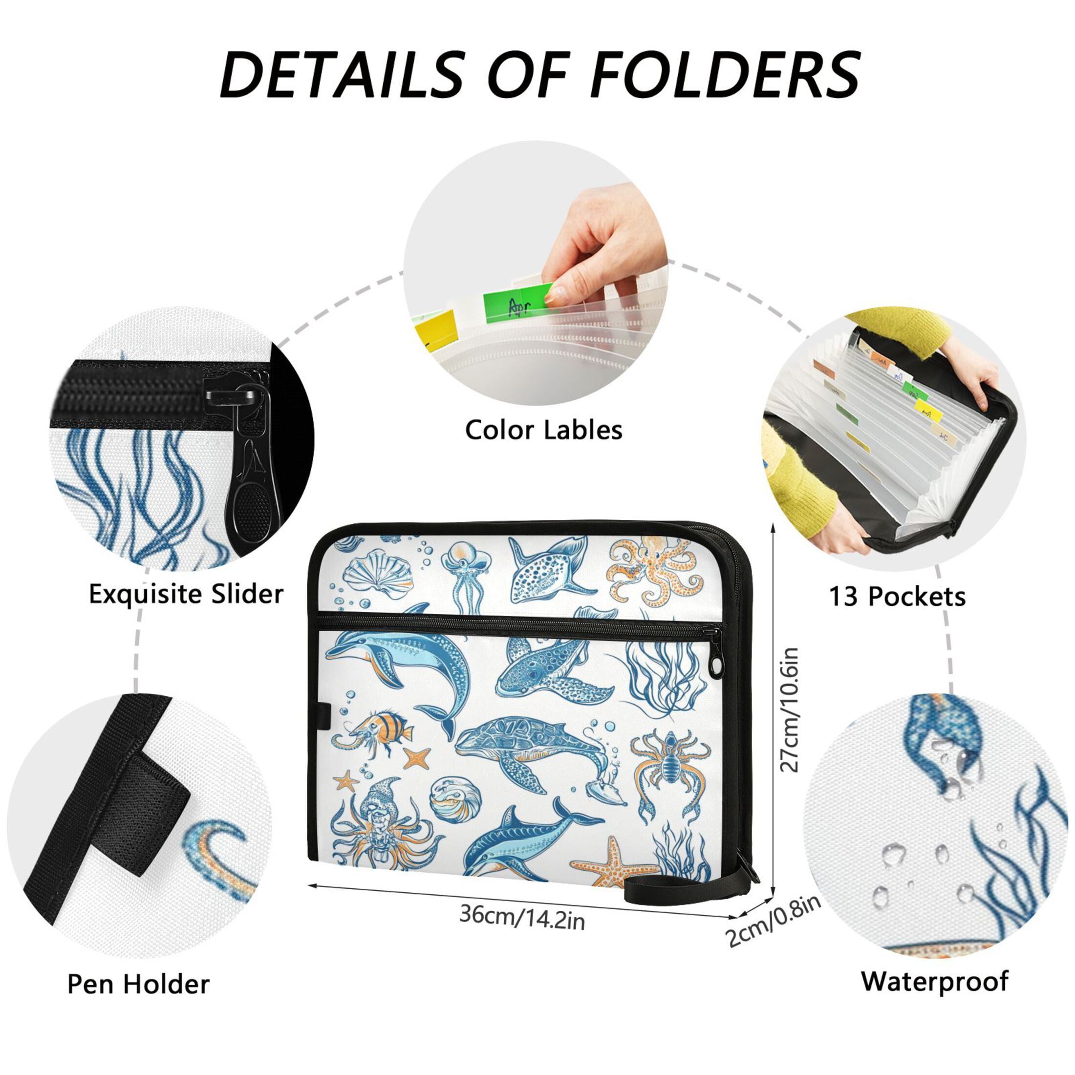 Accordion File Organizer with Zip Closure 13 Pockets Expanding File Folder Letter A4 Paper Document Organizer for Home Office Ocean-themed Pattern