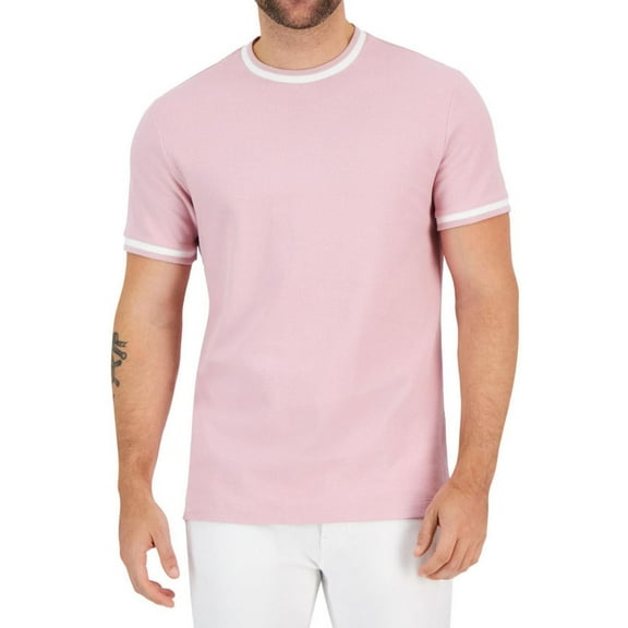 Alfani Mens Tipped Textured Pique Basic T-Shirt, Pink, XX-Large