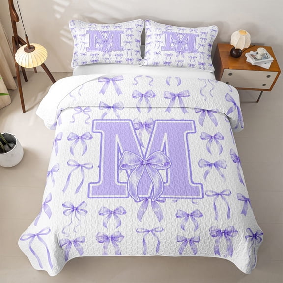 Manfei Coquette Purple Bowknot Twin Quilt Set For Girls,Purple 3D Letter M Monogrammed Twin Coverlet Set,2 Pieces