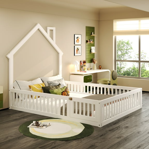 MODERNLUXE Wood Full Size Platform Bed with Guardrail, House Low Profile Floor Bed, White