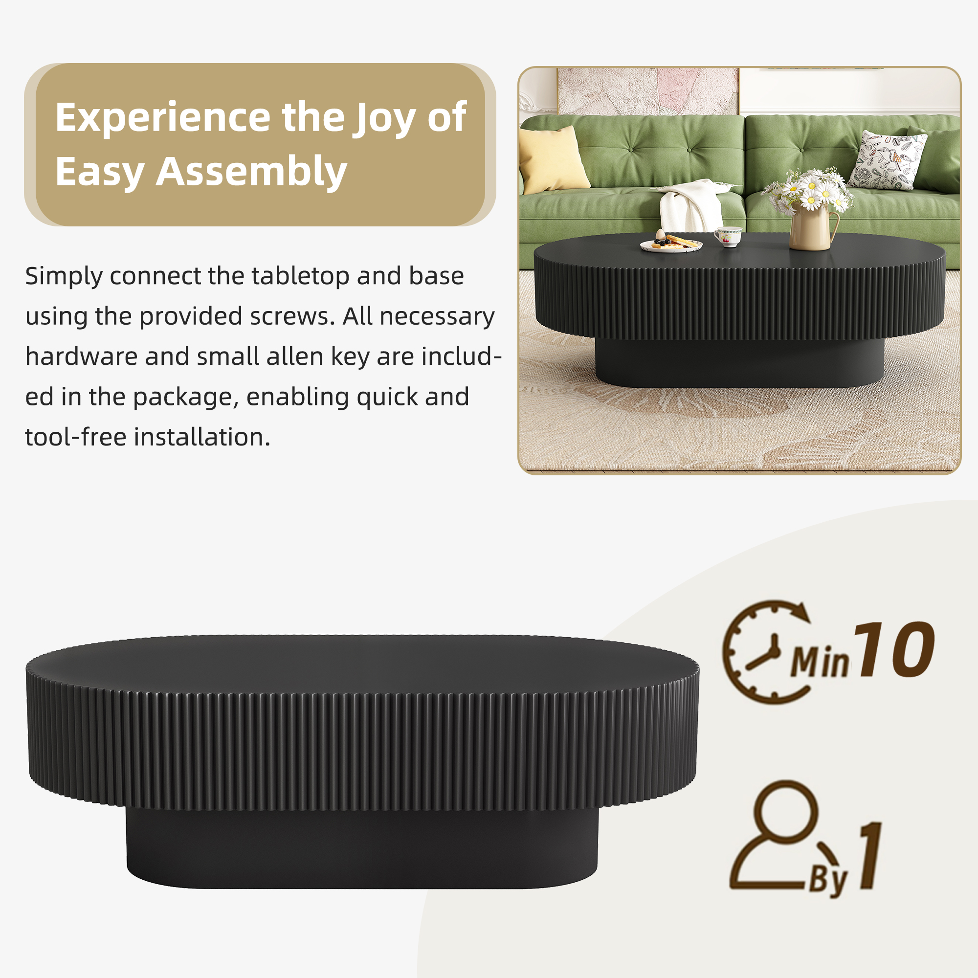 Harper & Bright Designs Wood Fluted Coffee Table, Modern Drum End Table, Oval Center Table with Sturdy Base for Living Room, Black