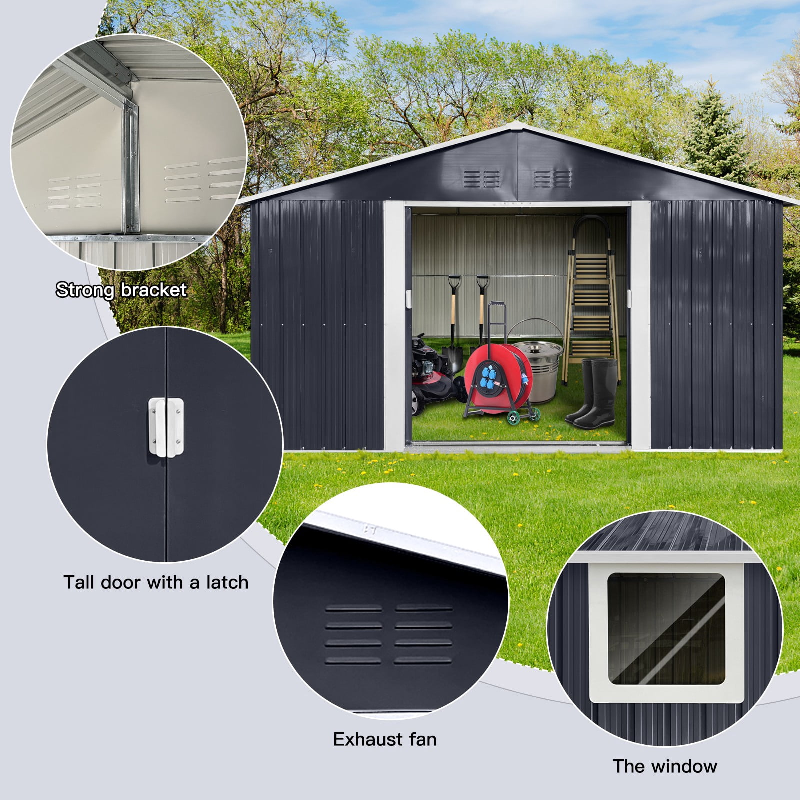 Alvantor Outdoor Storage Shed Metal with Window for Garden,11.2x10.6 FT,Grey