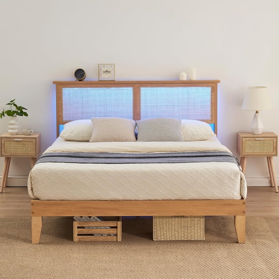 Full Size Rattan Bed Frame, Bohemian Rattan Bed Frame Full with Natural Headboard, LED Lights, No Box Spring Needed