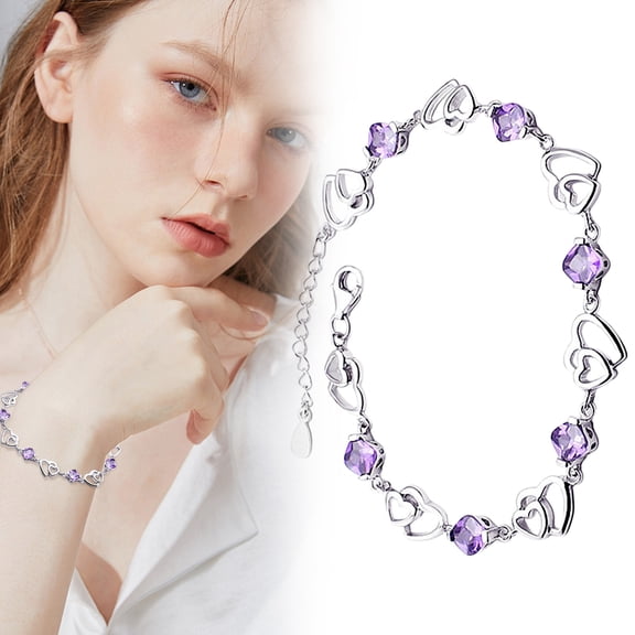 FENGGHAO Silver Plated Double Heart Amethyst Bracelet Adjustable Women’s Jewelry, Birthday Anniversary Romantic Gift with Gemstone