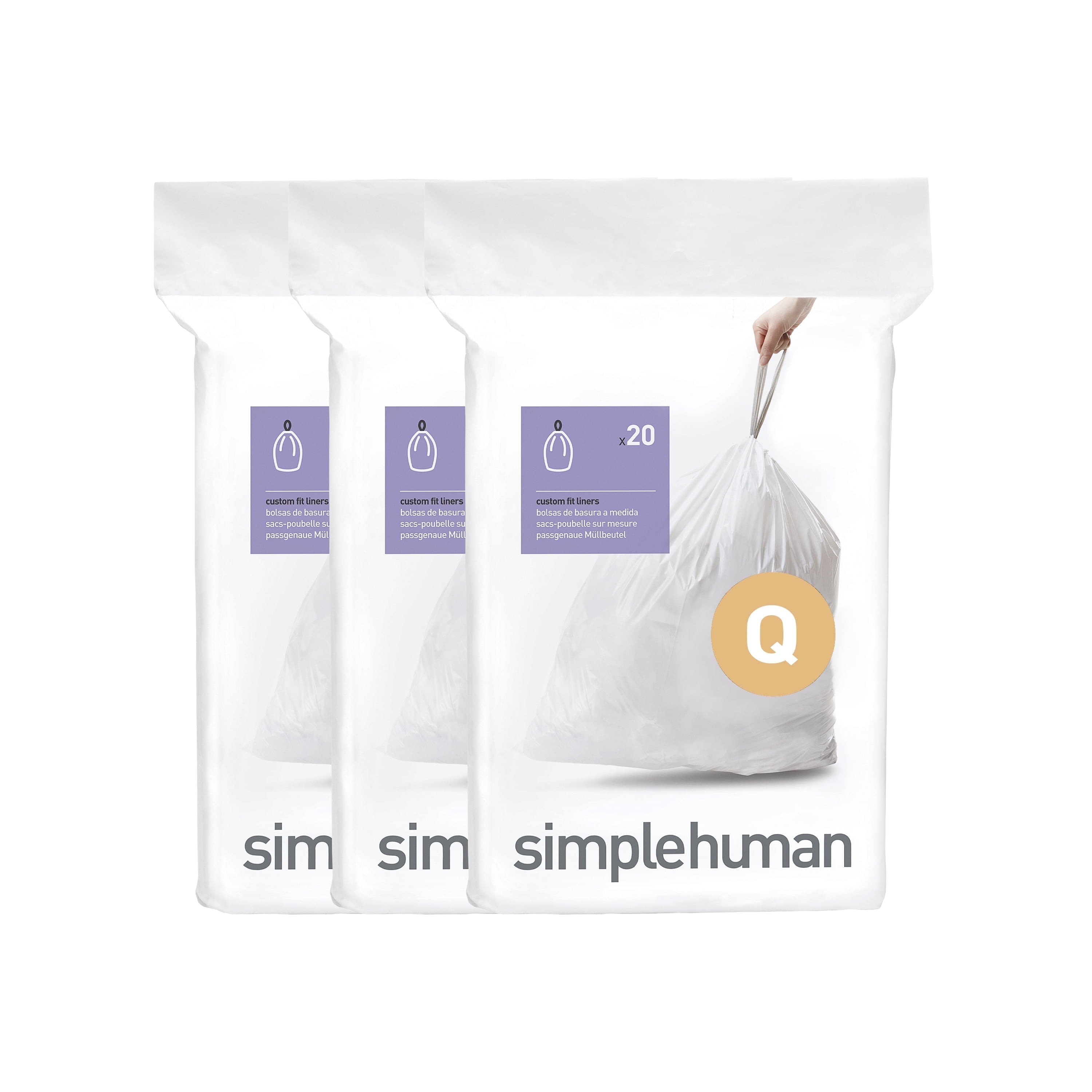 (2 pack) simplehuman Code Q Custom Fit Drawstring Trash Bags in Dispenser Packs, 60 Count, 50-65 Liter / 13-17 Gallon, White