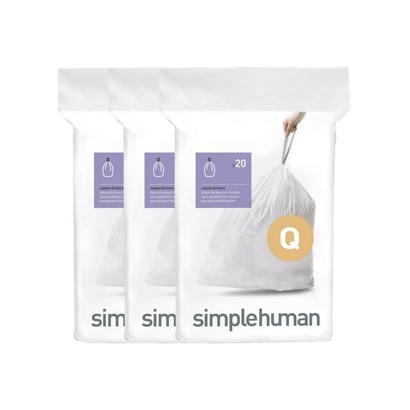simplehuman Code Q Custom Fit Drawstring Trash Bags in Dispenser Packs, 60 Count, 50-65 Liter / 13-17 Gallon, White