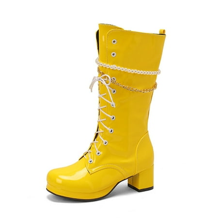 

Avamo Ladies Casual Punk Shoes Chunky Heel Mid-Calf Boot Party Non Slip Block Heels Yellow 9