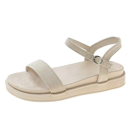 

Cathalem Women Sandals Fashion Simple Solid Color Thick Bottom Flat Bottom Comfortable Buckle Strap Casual Versatile Sandals Beige 39
