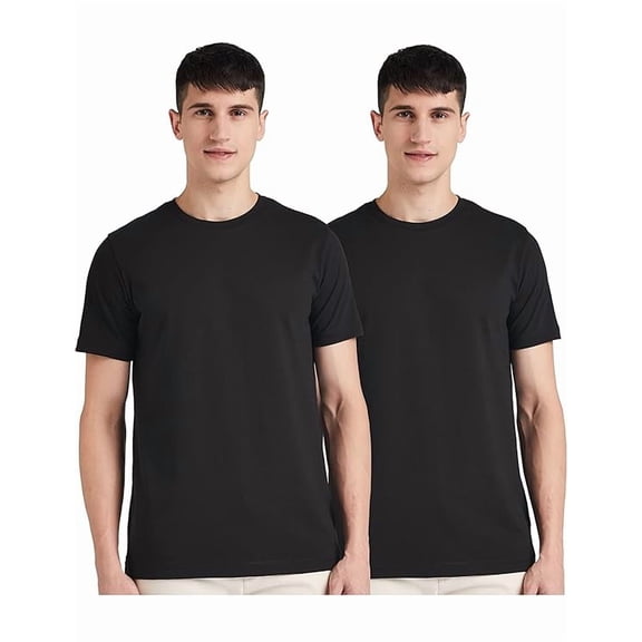 Men's Solid Cotton Black T Shirt | Round Neck | Half Sleeve | Plain-Regular Fit Combo Set of 2 - M