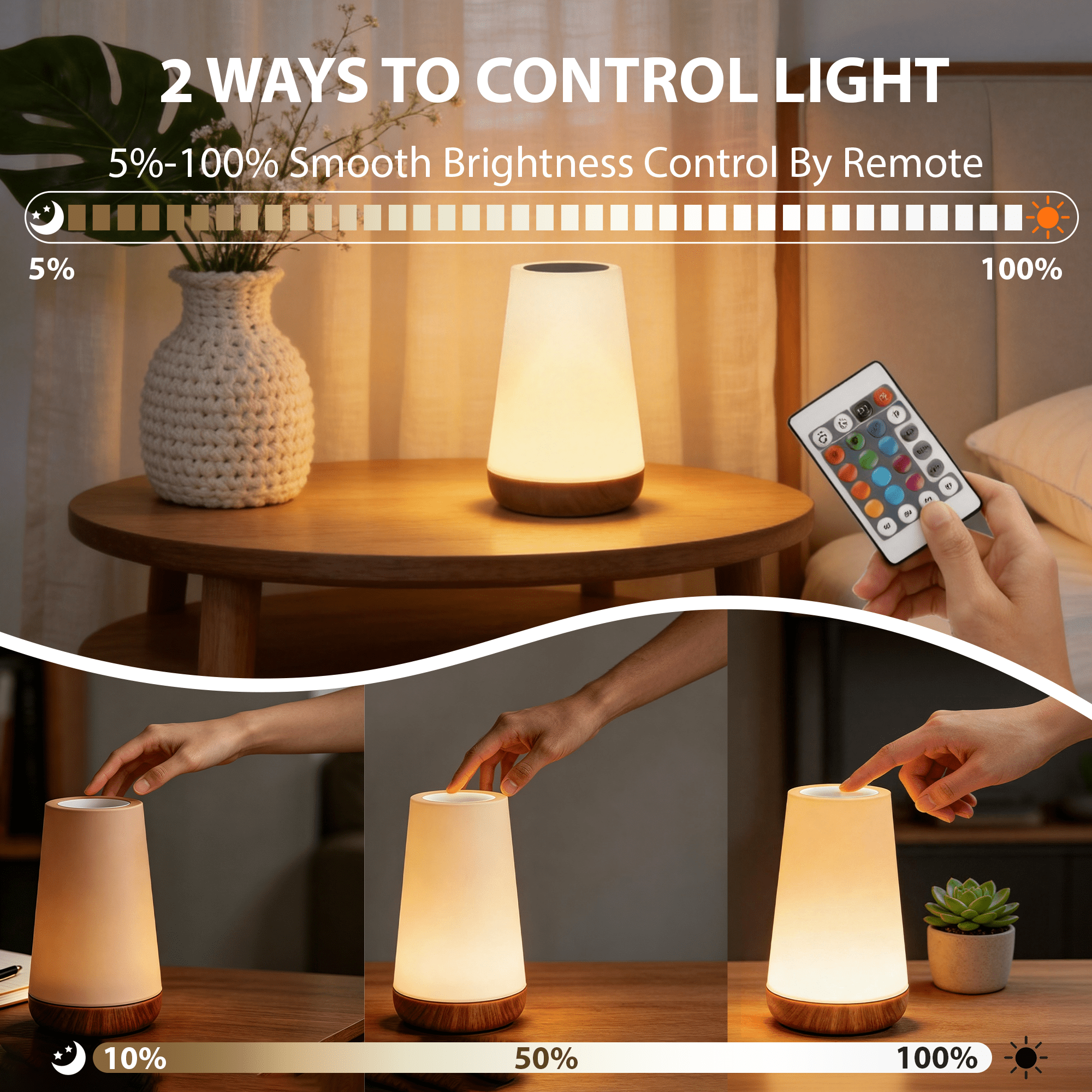 GARITIN Touch Bedside Table Lamp, RGB Color Changing Cordless Rechargeable Dimmable Small Nightstand Lamp with Remote, Portable USB Mini Table Lamp, Kids Night Light for Bedroom Nursery