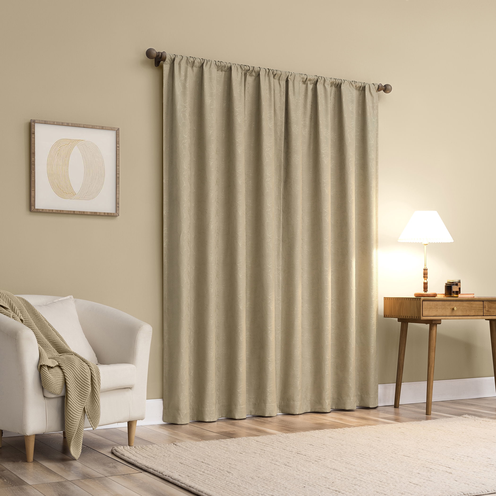 Sun Zero Bronte Floral Jacquard 100% Blackout Rod Pocket Curtain Panel, 50"W X 63"L, Taupe