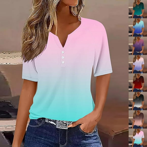 CFLVAEK Plus Size Womens Tshirt 3x Casual Short Sleeve Tshirts Loose Fit Button V Neck T Shirts Fashion Gradient Graphic Tees 2025 Purple L